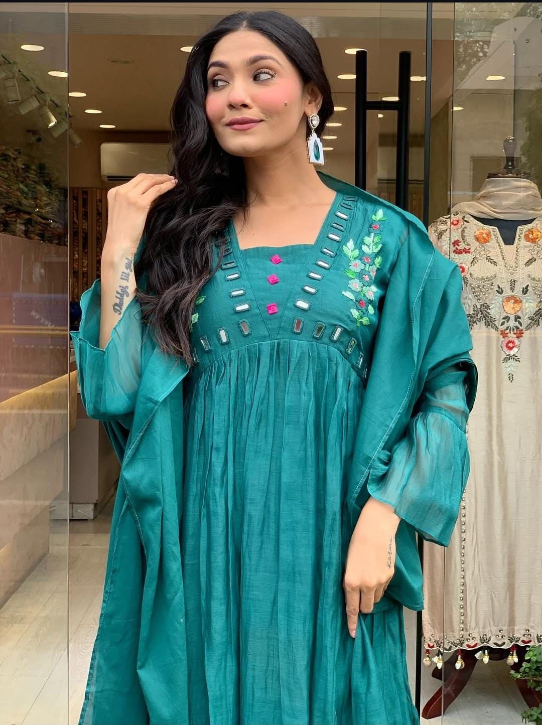 Elegant Teal Mirror Work Kurta Set