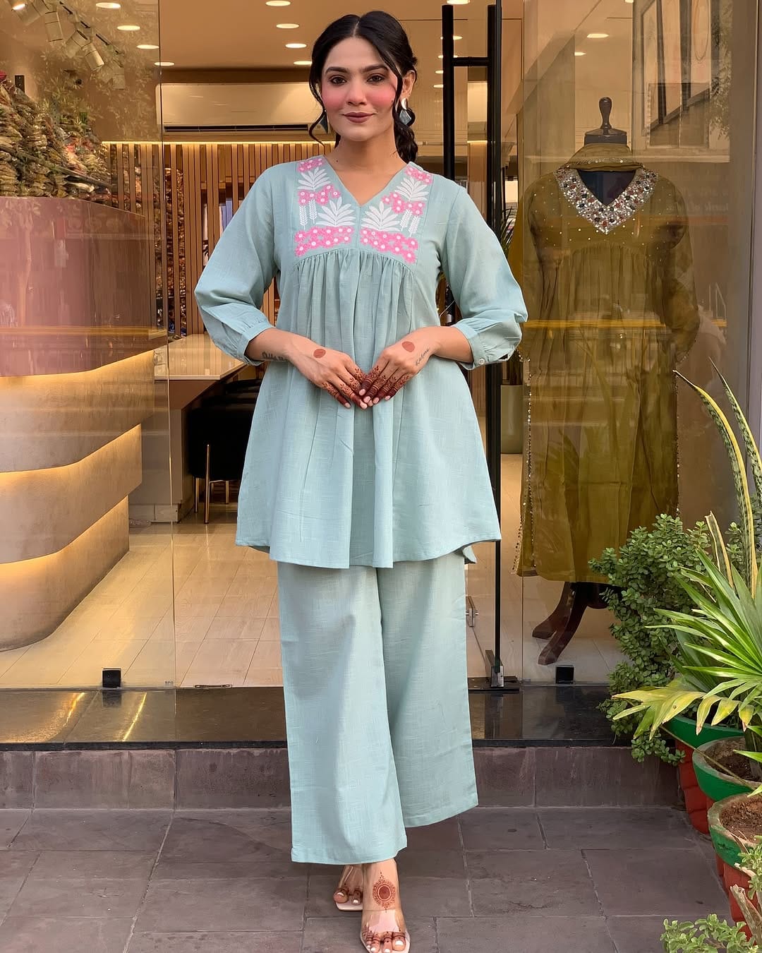 Elegant Cotton Kurta Set with Embroidered Yoke