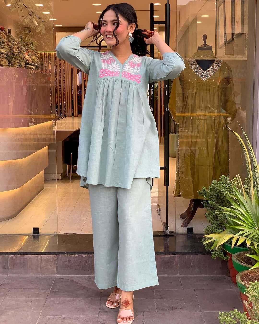 Elegant Cotton Kurta Set with Embroidered Yoke