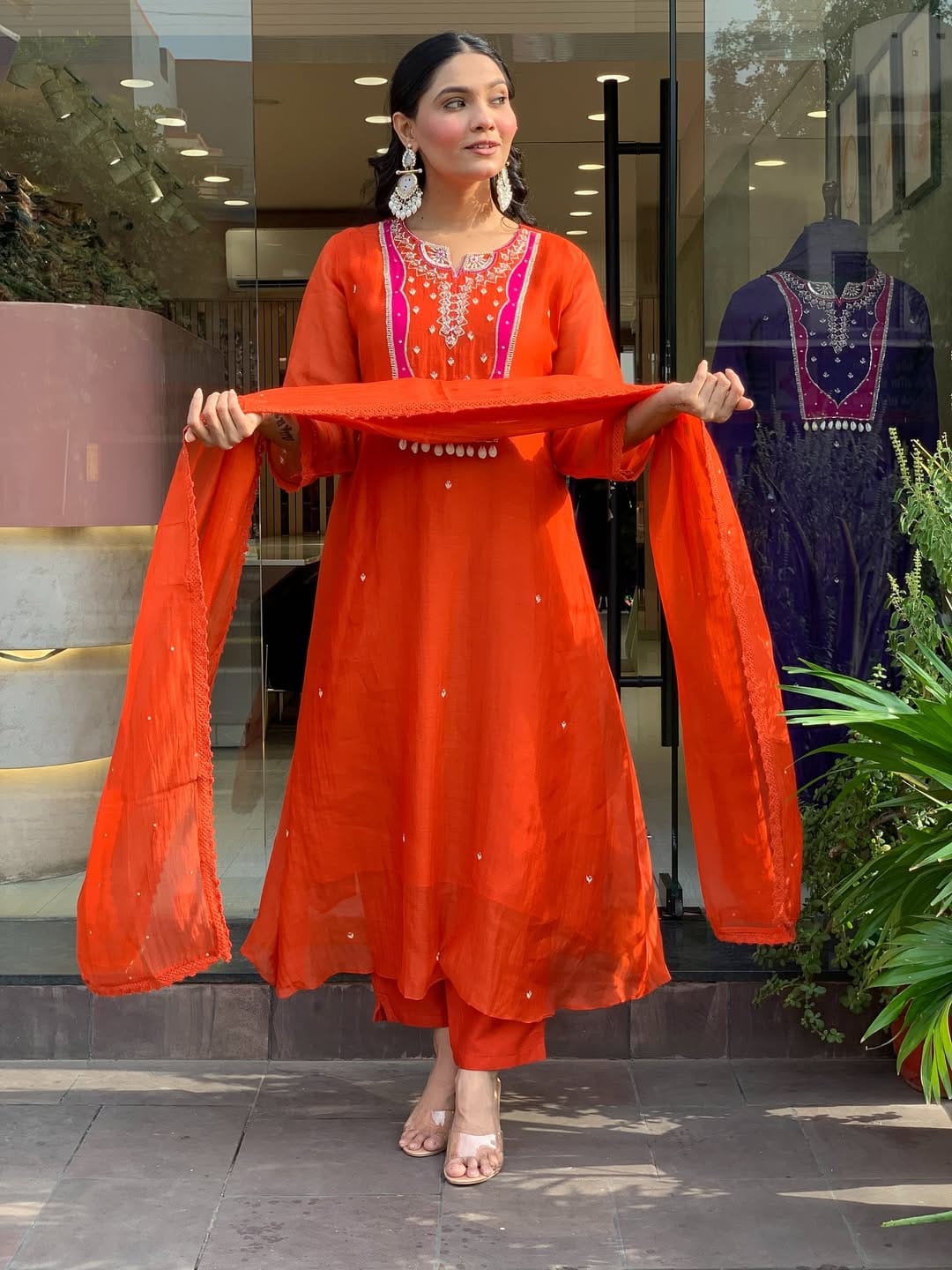 Rust Orange Embroidered Kurta Set with Dupatta