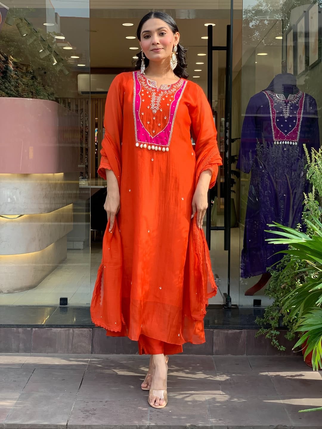 Rust Orange Embroidered Kurta Set with Dupatta
