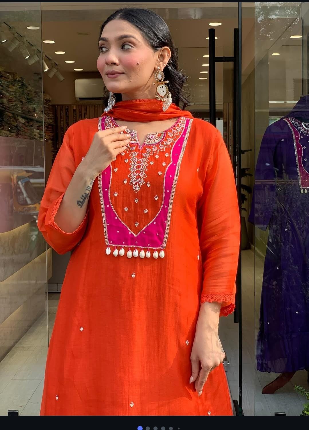 Rust Orange Embroidered Kurta Set with Dupatta