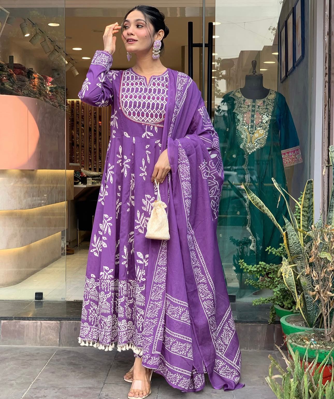 Purple Handblock Printed Anarkali Set with Dupatta