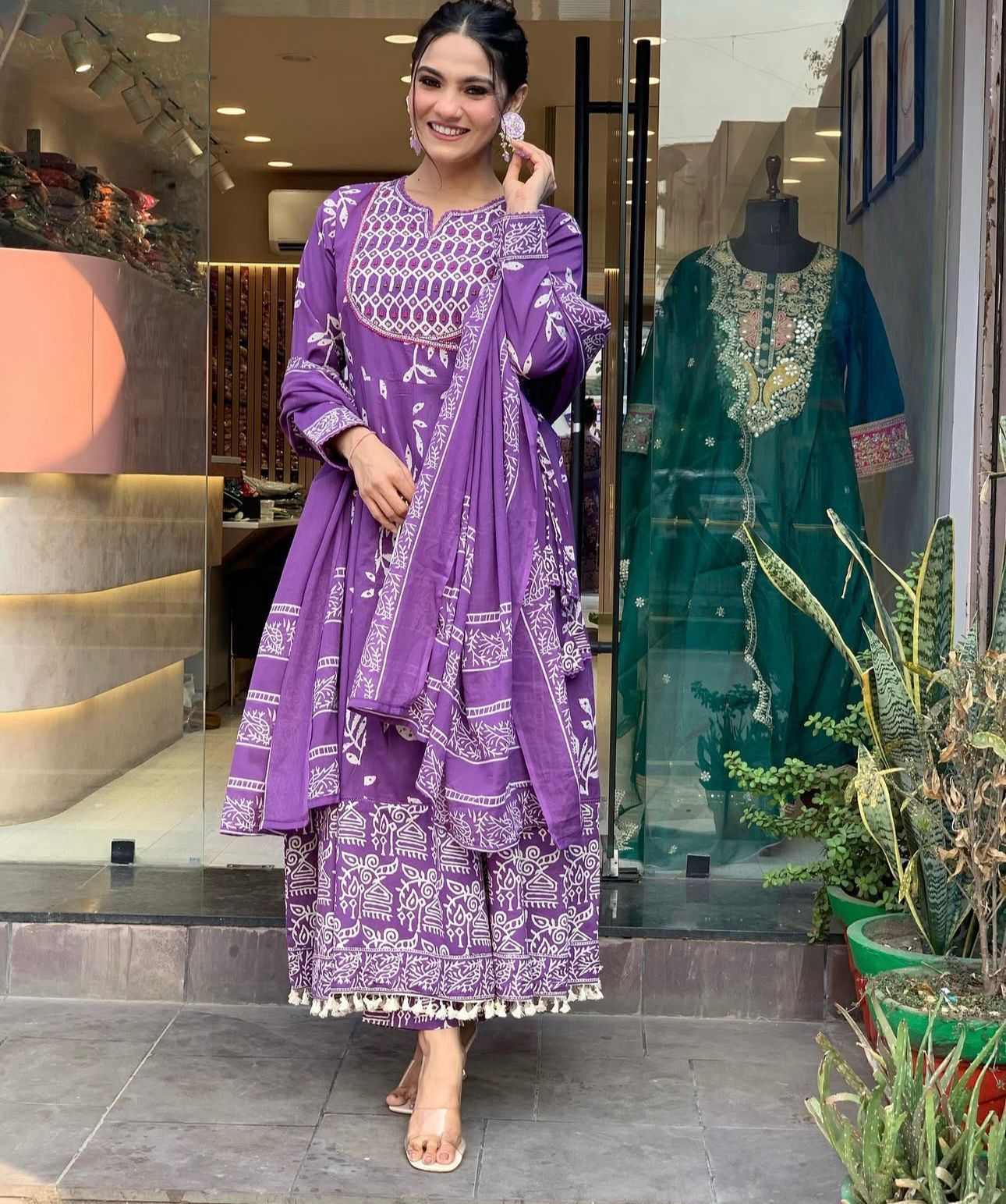Purple Handblock Printed Anarkali Set with Dupatta