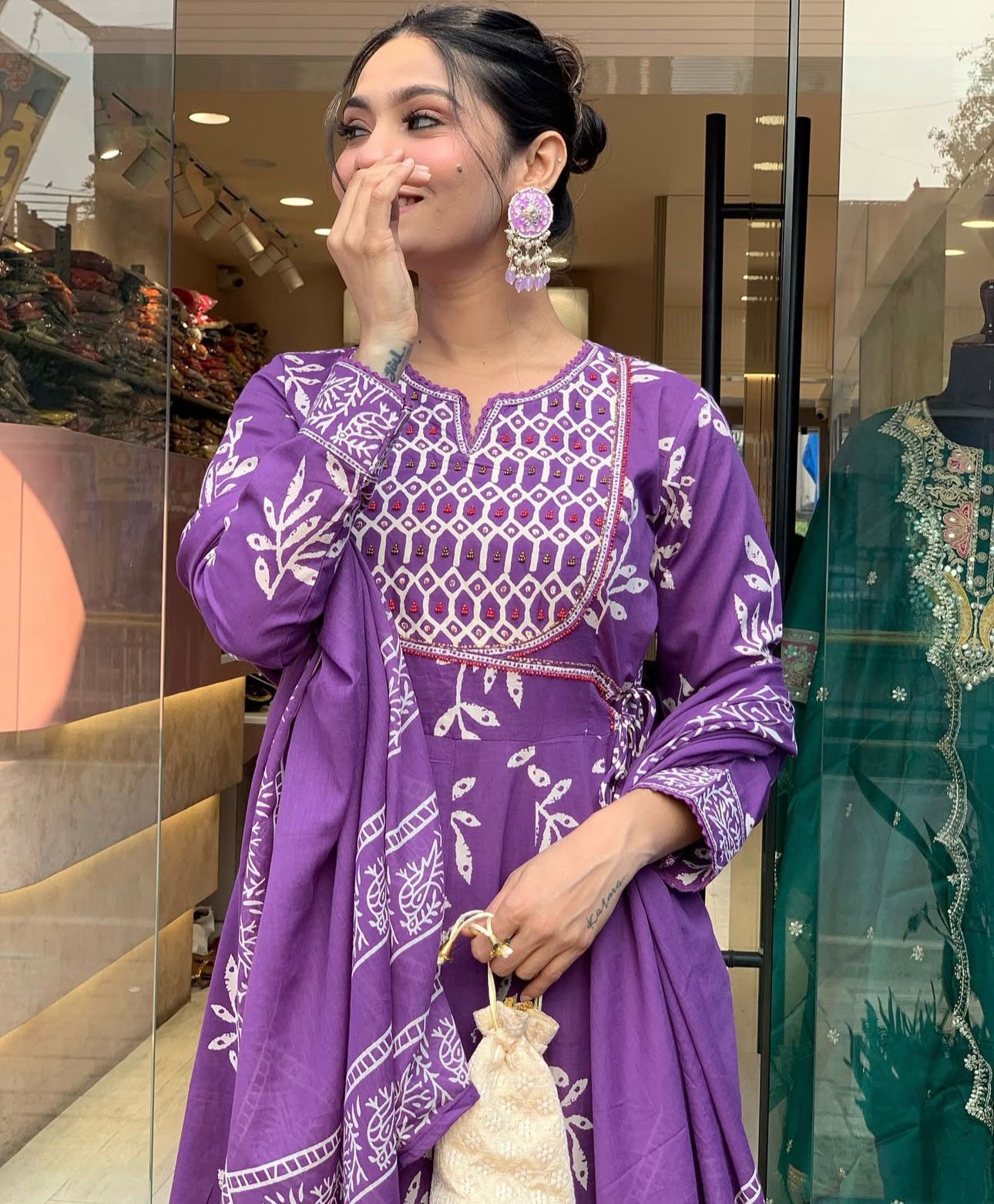 Purple Handblock Printed Anarkali Set with Dupatta