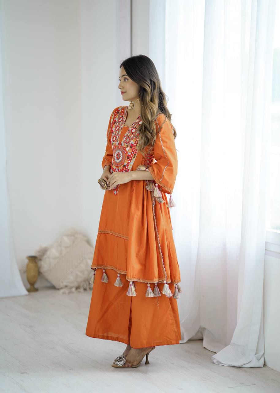 Orange Mirror Work Kurta Set with Tassel Detailing