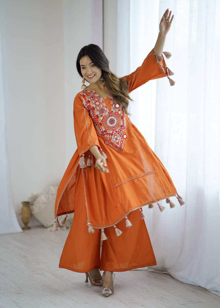 Orange Mirror Work Kurta Set with Tassel Detailing