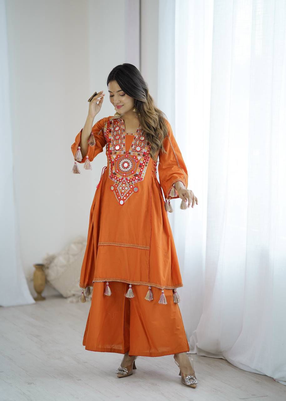 Orange Mirror Work Kurta Set with Tassel Detailing