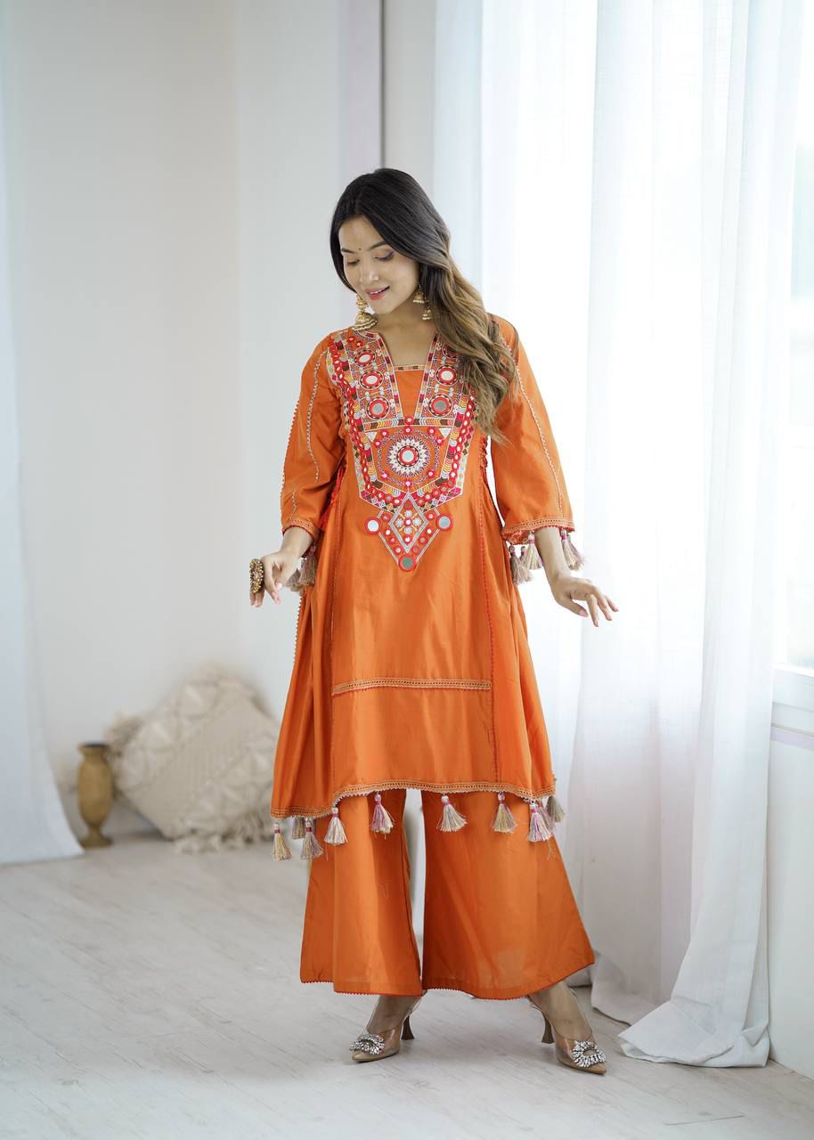 Orange Mirror Work Kurta Set with Tassel Detailing