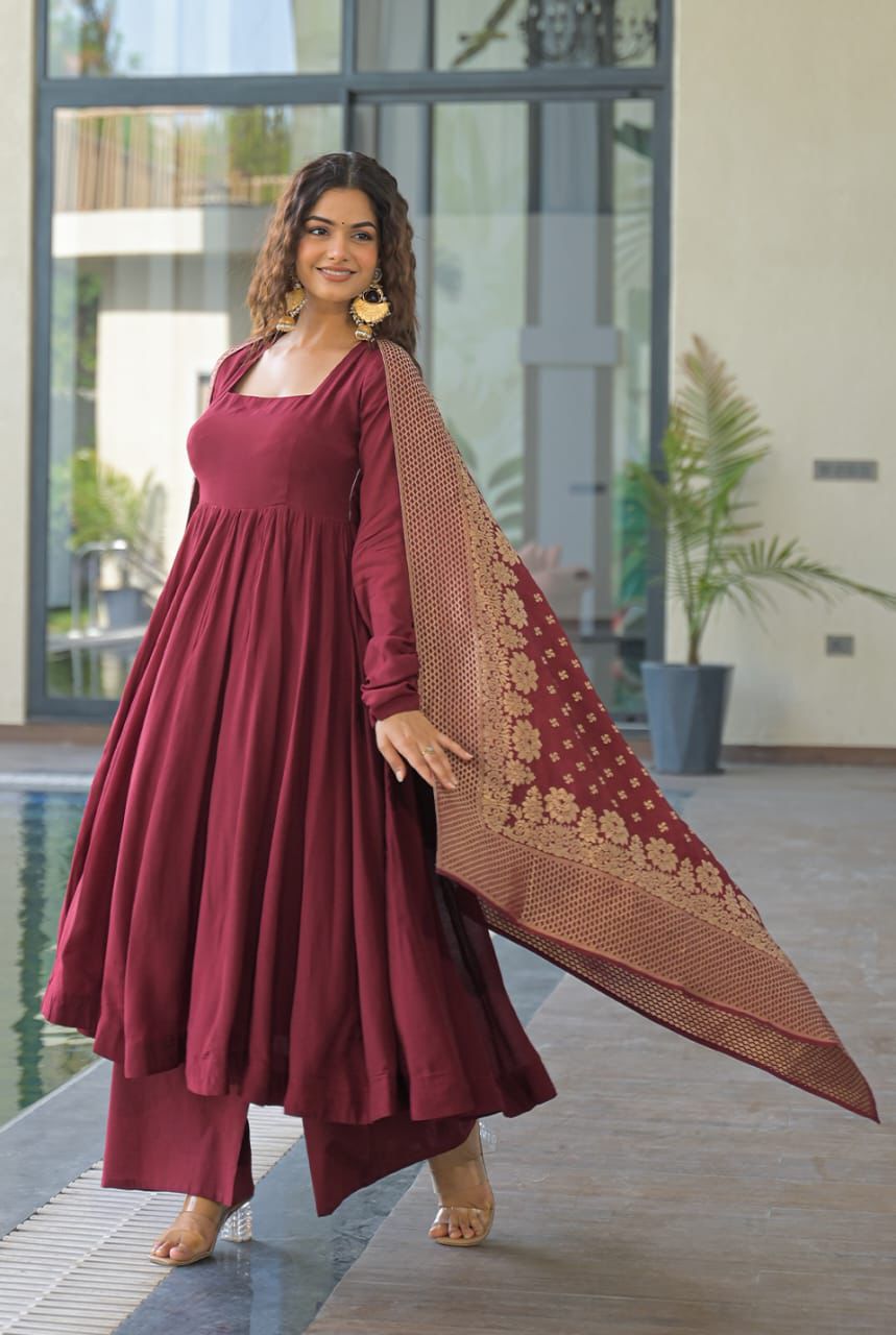 Maroon Anarkali Set with Embroidered Dupatta