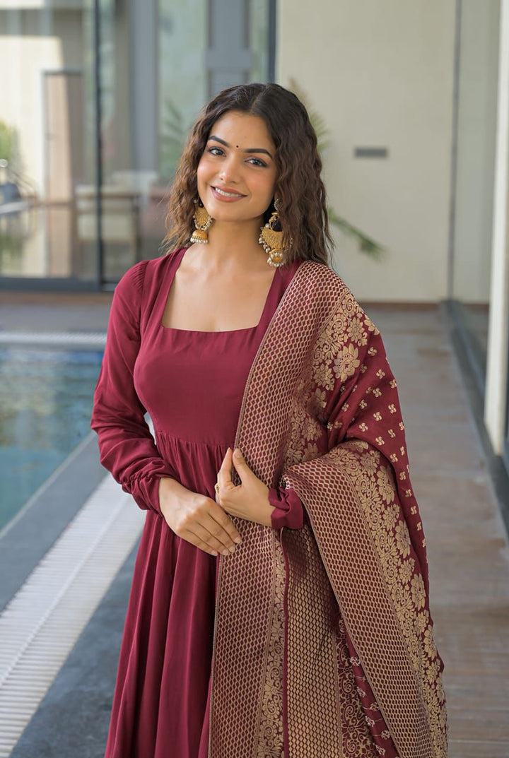 Maroon Anarkali Set with Embroidered Dupatta