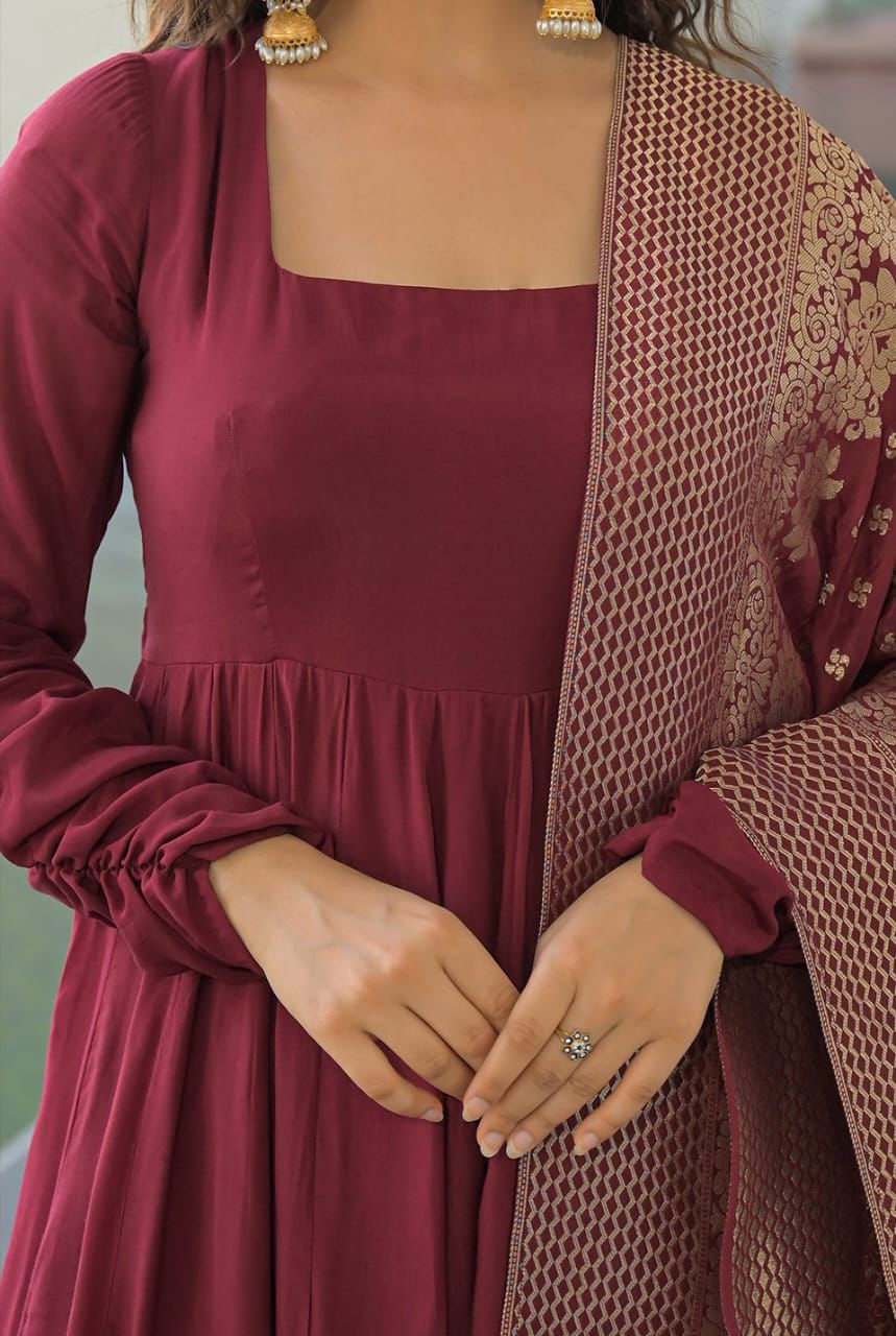 Maroon Anarkali Set with Embroidered Dupatta