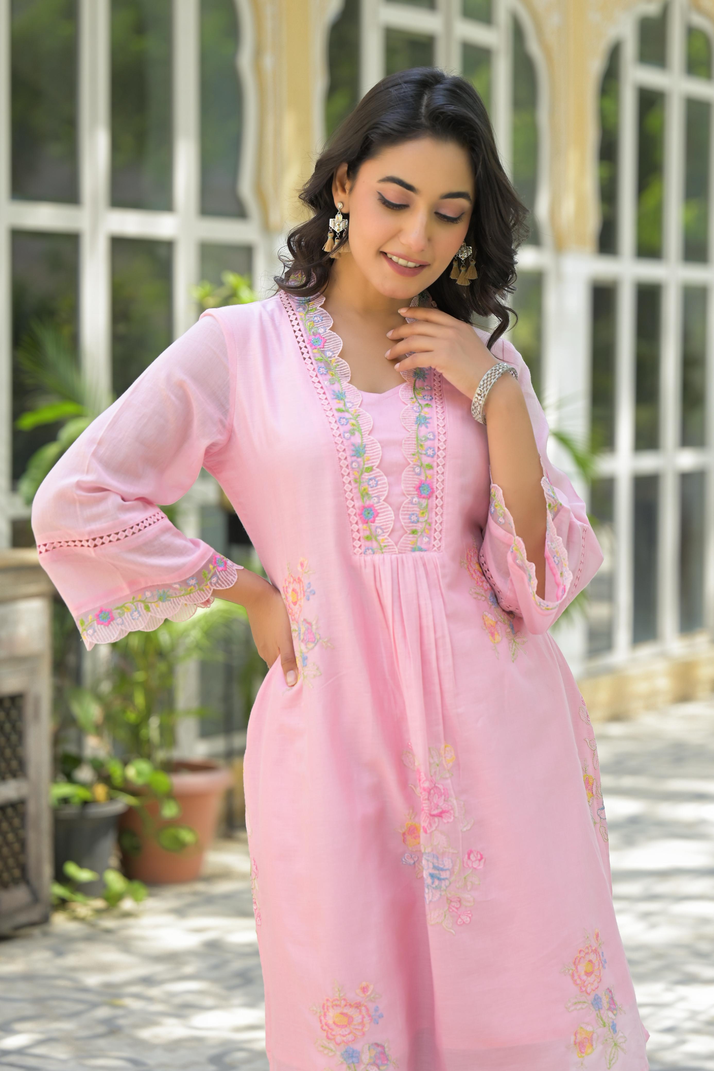 The Jaipur Rose Set: Pastel Pink Embroidered Cotton Kurta & Scalloped Pants