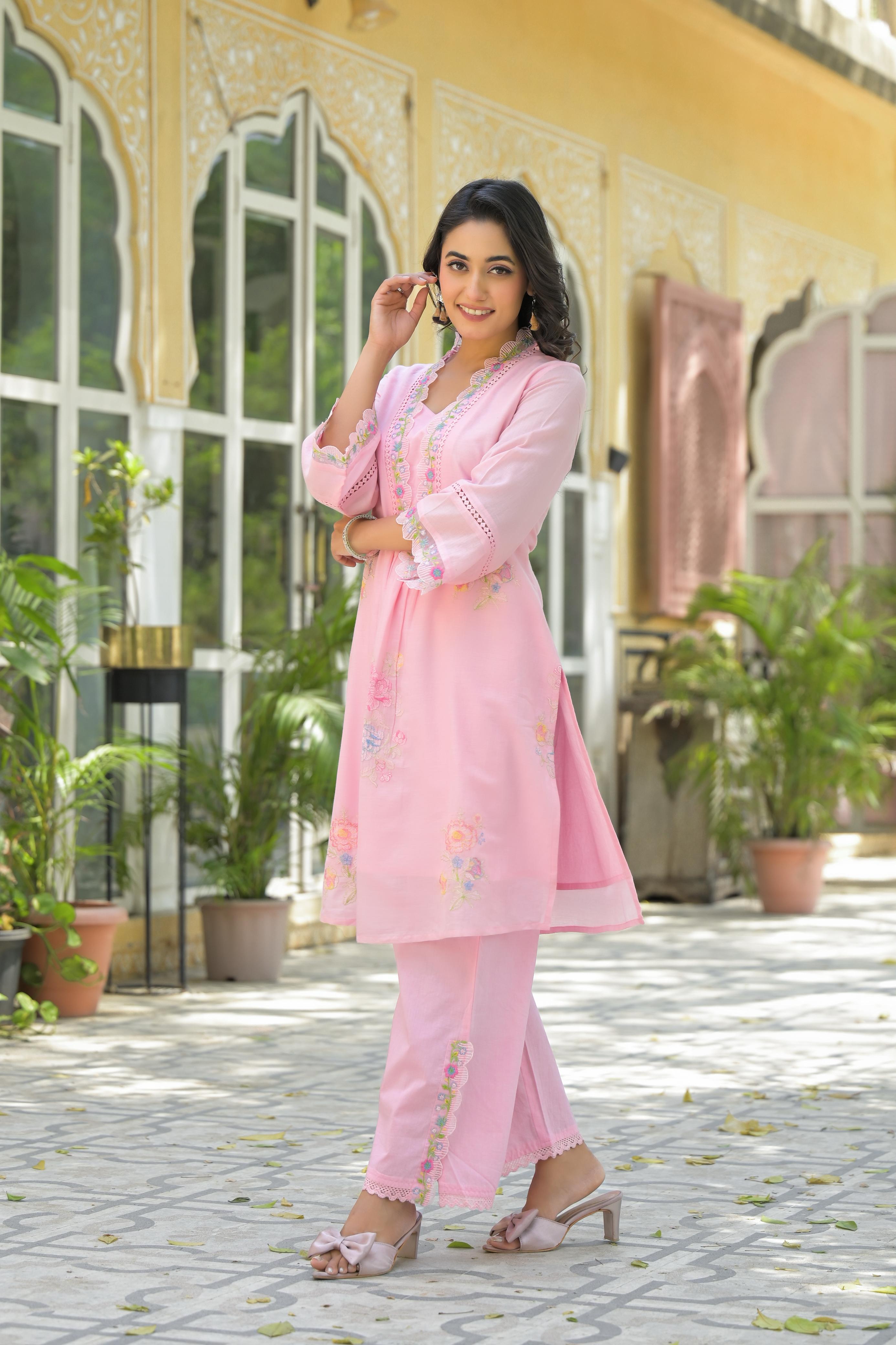 The Jaipur Rose Set: Pastel Pink Embroidered Cotton Kurta & Scalloped Pants