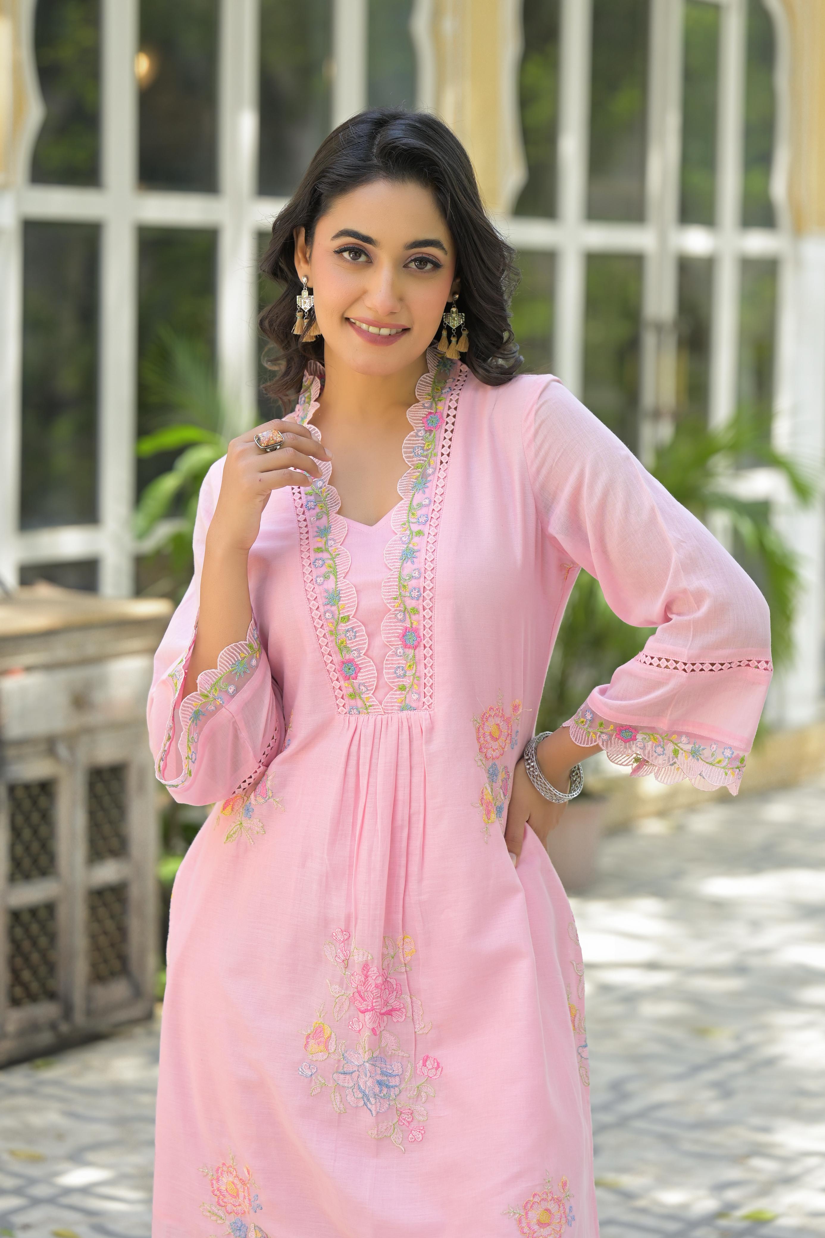 The Jaipur Rose Set: Pastel Pink Embroidered Cotton Kurta & Scalloped Pants
