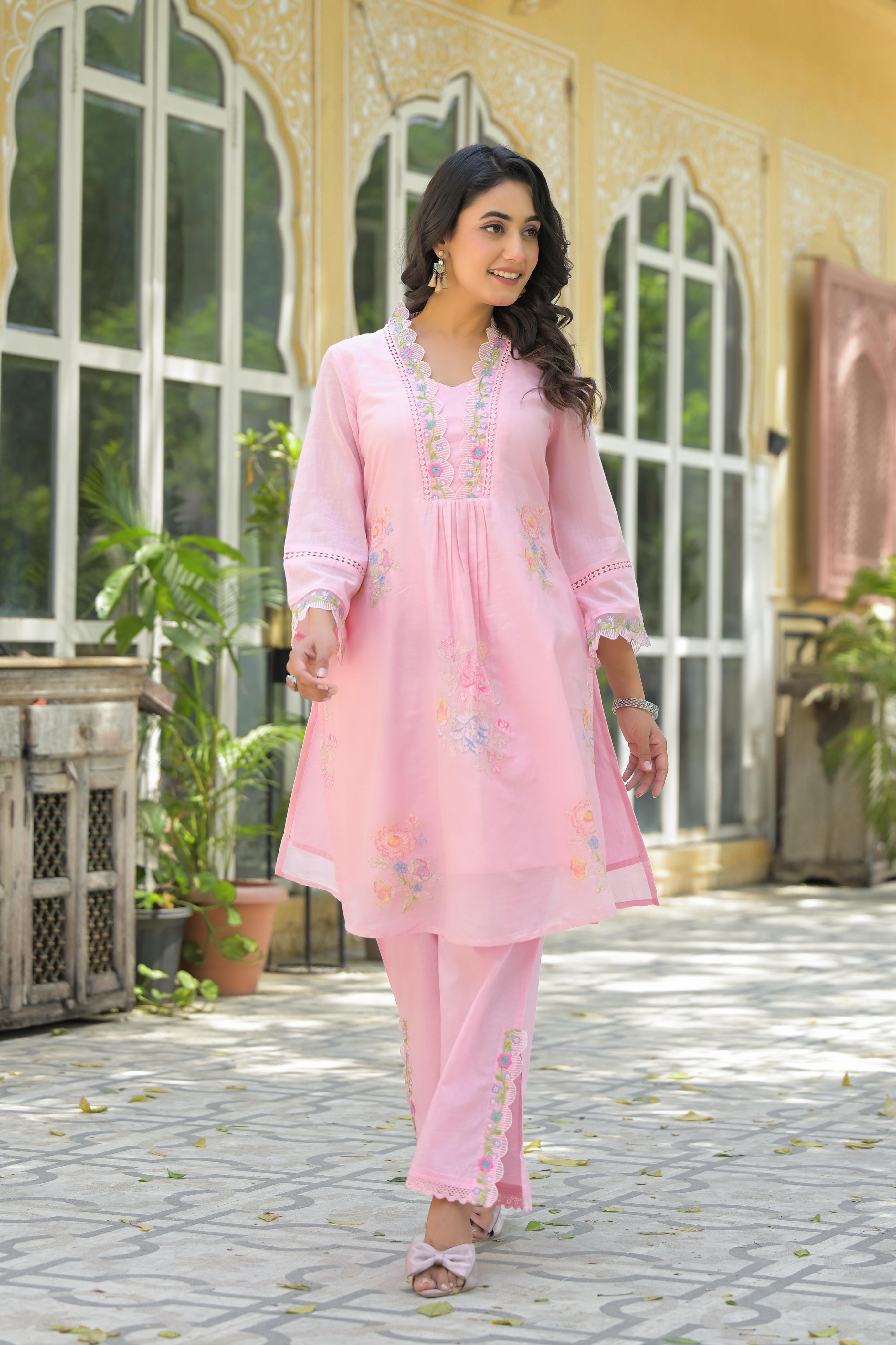 The Jaipur Rose Set: Pastel Pink Embroidered Cotton Kurta & Scalloped Pants