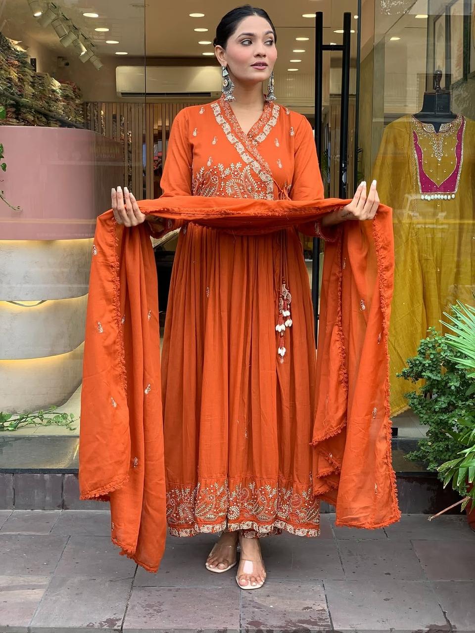 Graceful Orange Anarkali Kurta with Dupatta
