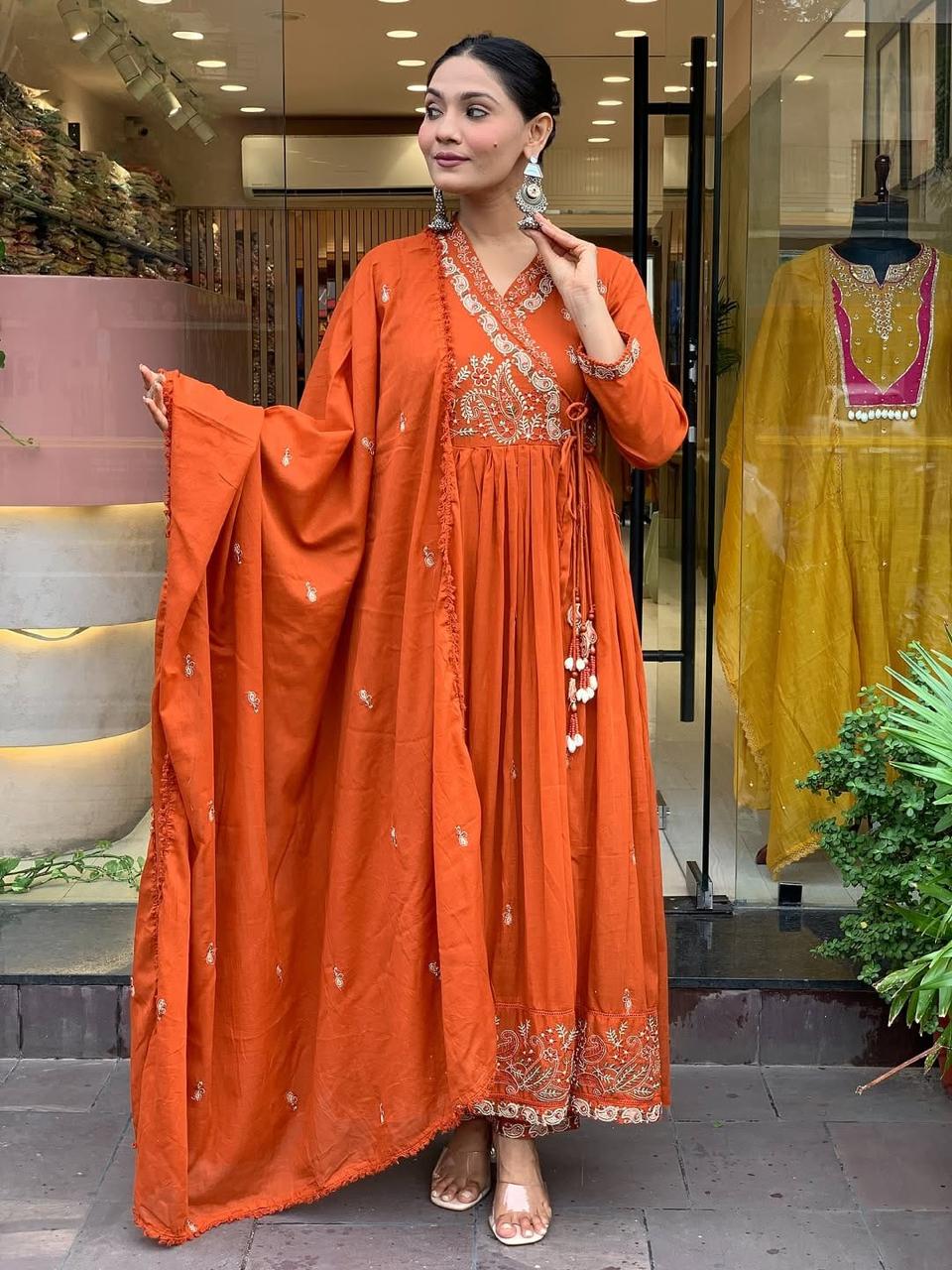 Graceful Orange Anarkali Kurta with Dupatta