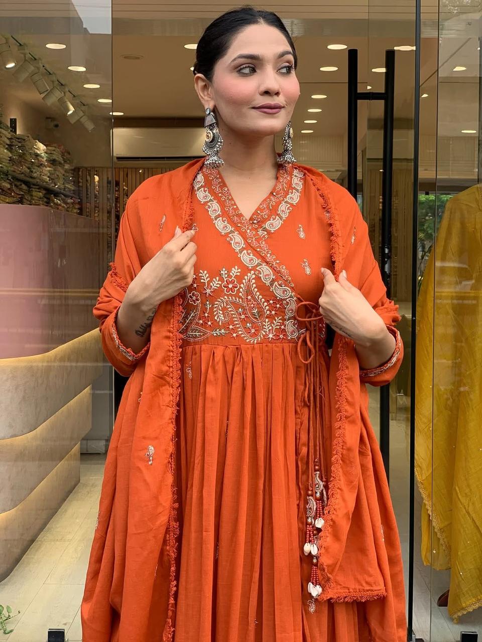 Graceful Orange Anarkali Kurta with Dupatta