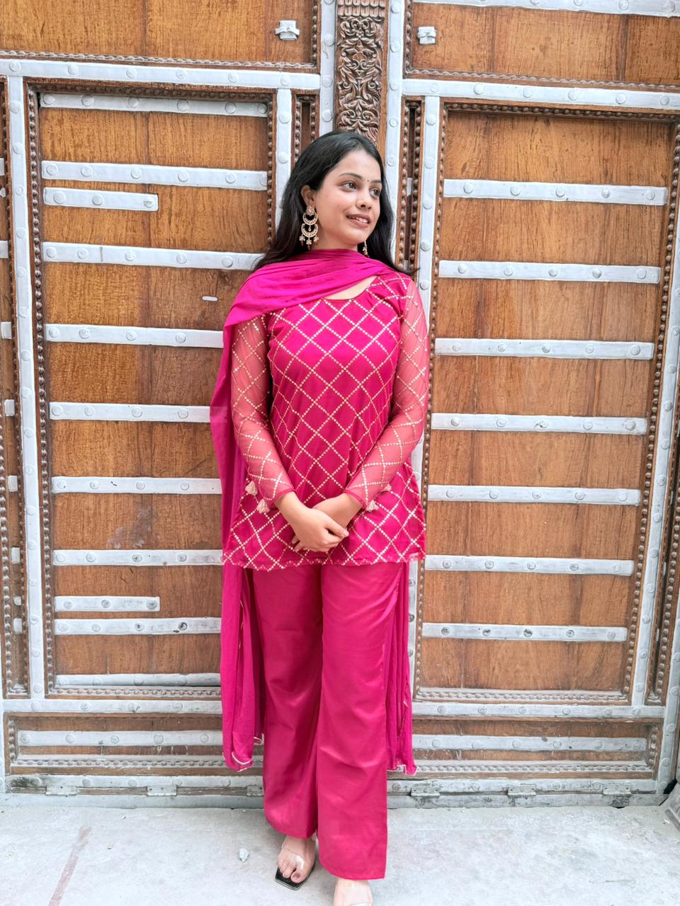 Pink Sequin Work Kurti with Palazzo & Dupatta ✨