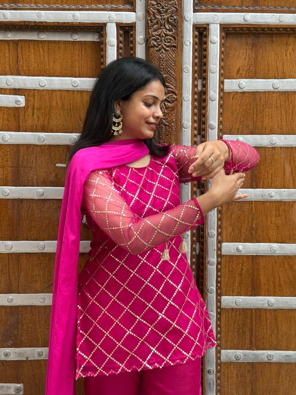Pink Sequin Work Kurti with Palazzo & Dupatta ✨