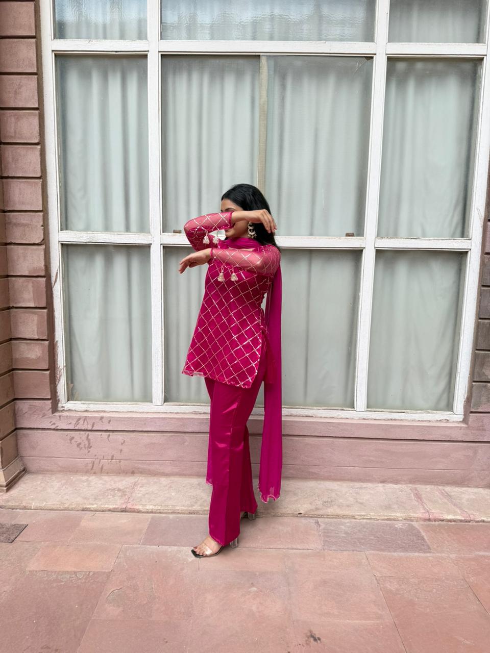 Pink Sequin Work Kurti with Palazzo & Dupatta ✨