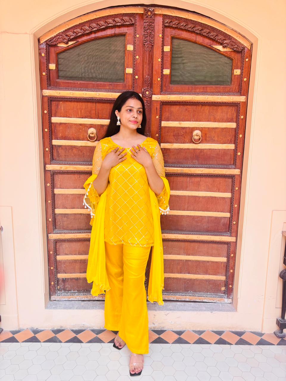 Yellow Sequin Work Kurti with Palazzo & Dupatta ✨