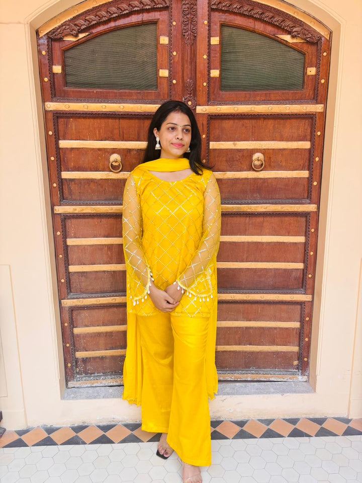 Yellow Sequin Work Kurti with Palazzo & Dupatta ✨