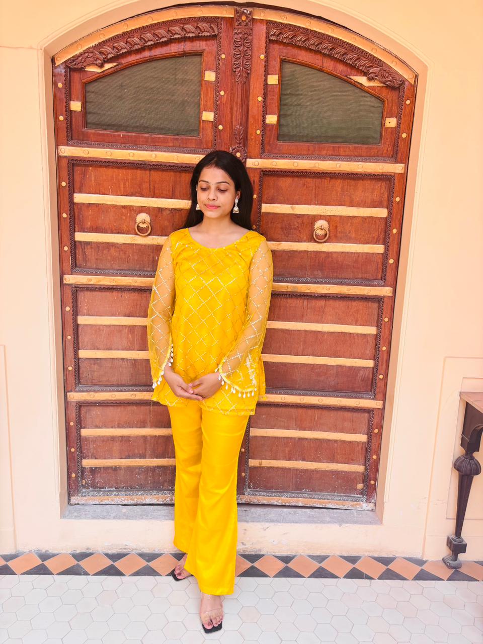 Yellow Sequin Work Kurti with Palazzo & Dupatta ✨