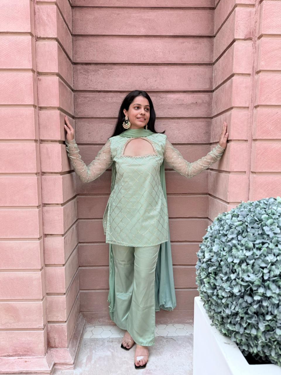 Sea Green Sequin Work Kurti with Palazzo & Dupatta ✨