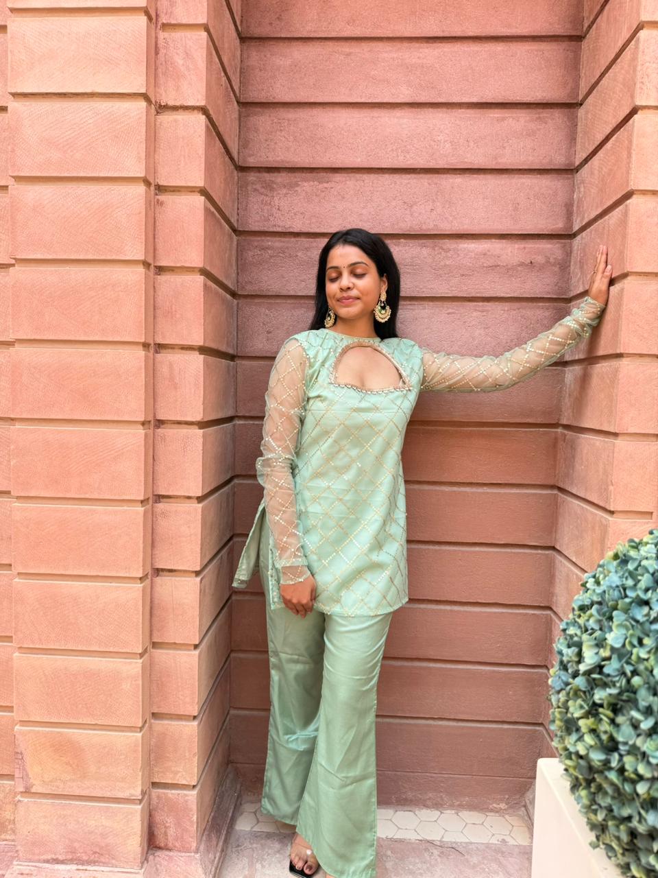 Sea Green Sequin Work Kurti with Palazzo & Dupatta ✨