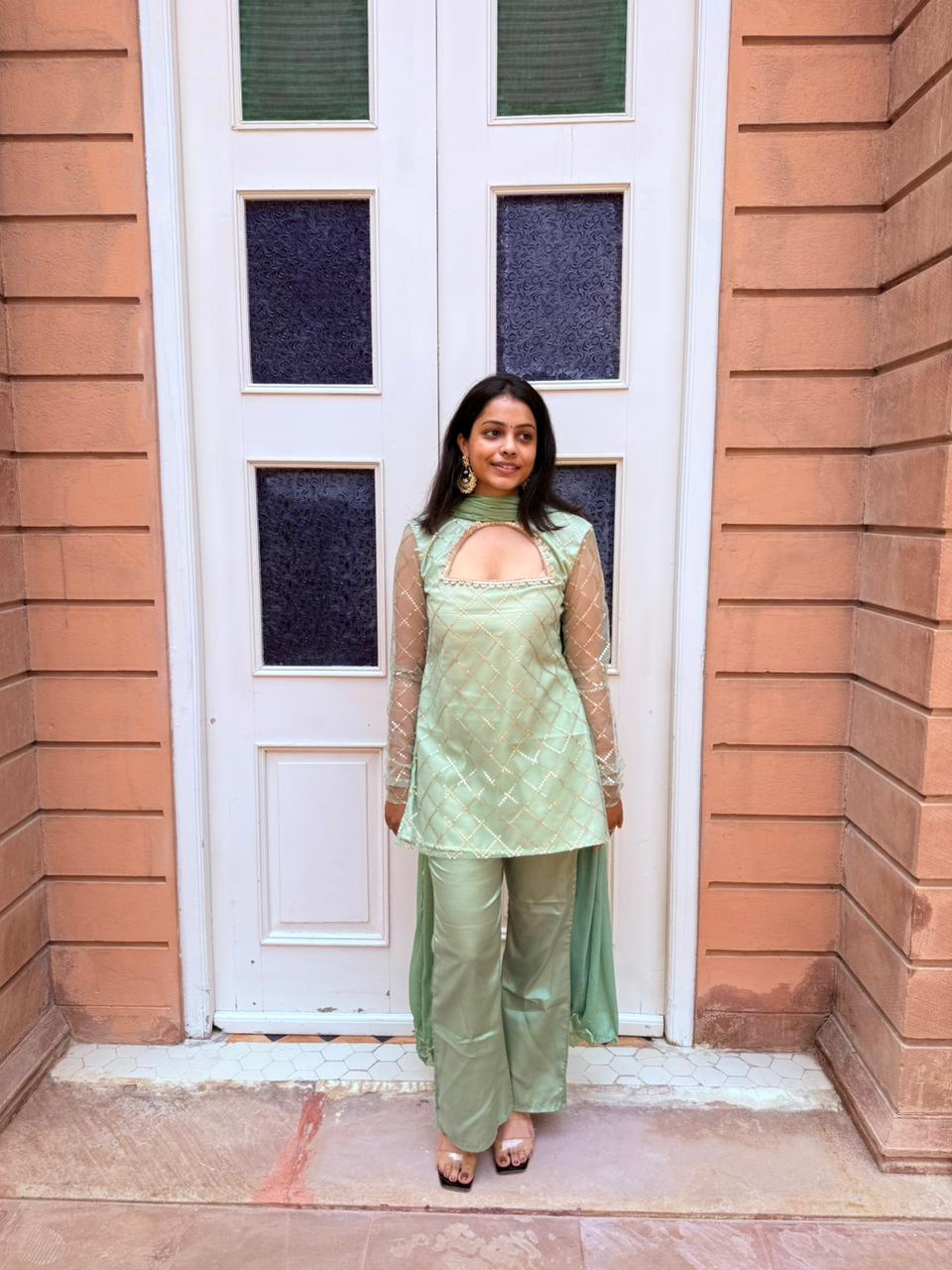 Sea Green Sequin Work Kurti with Palazzo & Dupatta ✨