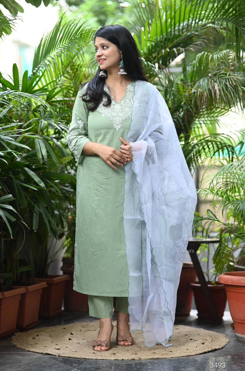 Pastel Green Cotton Kurta Set with White Organza Dupatta