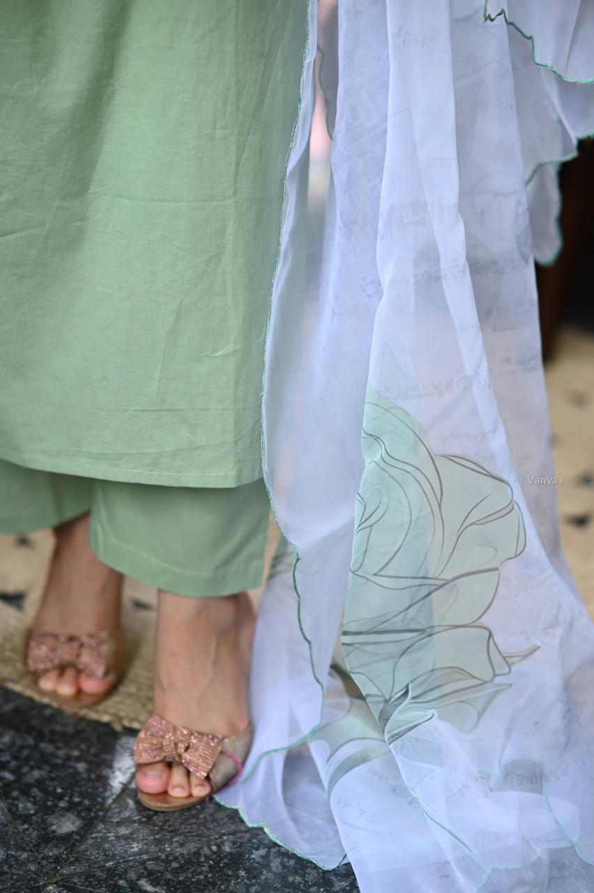 Pastel Green Cotton Kurta Set with White Organza Dupatta