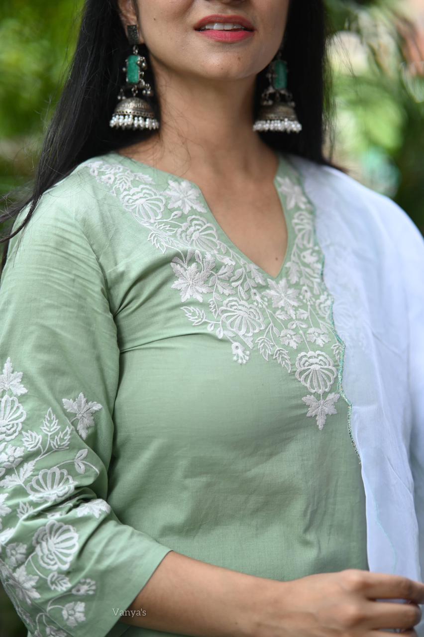 Pastel Green Cotton Kurta Set with White Organza Dupatta