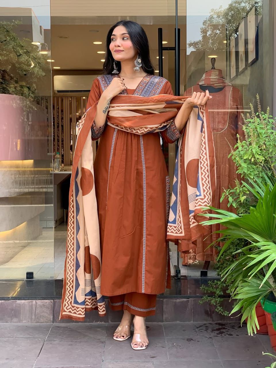 Rust Cotton Kurta Set with Printed Dupatta