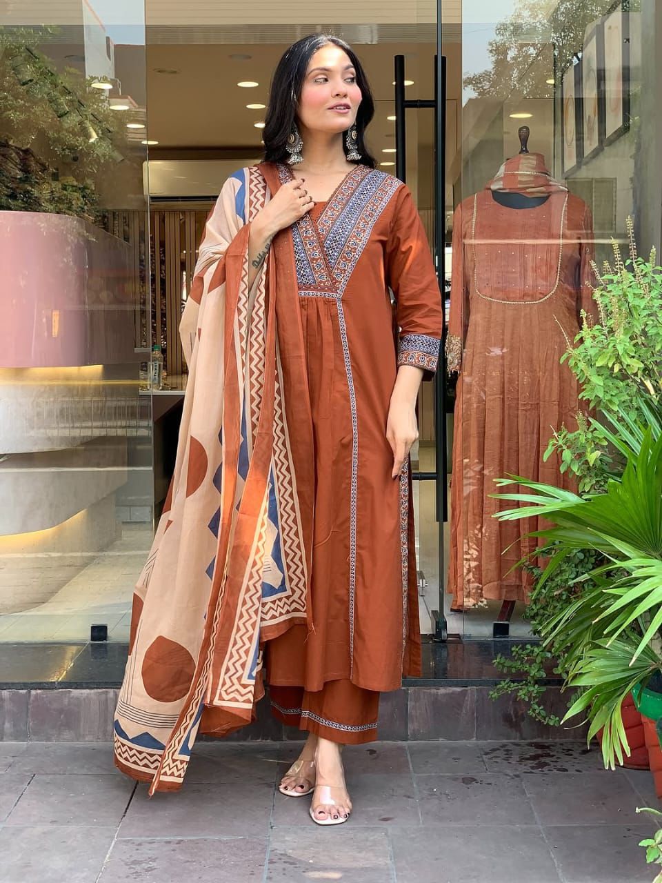 Rust Cotton Kurta Set with Printed Dupatta