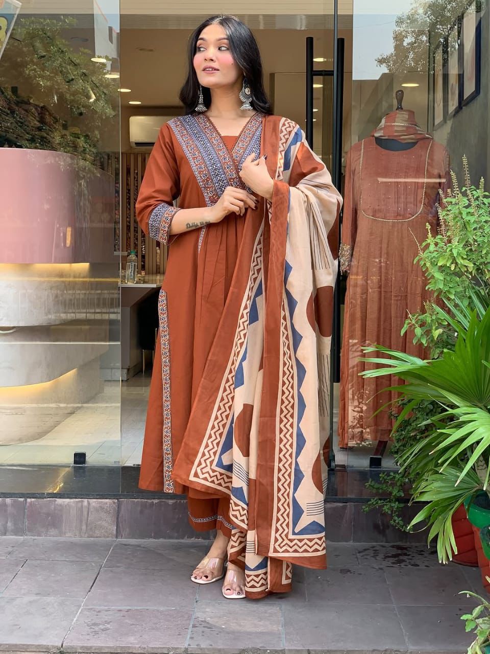 Rust Cotton Kurta Set with Printed Dupatta