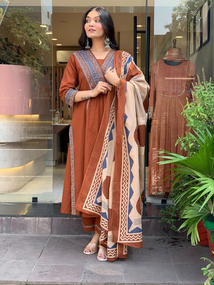 Rust Cotton Kurta Set with Printed Dupatta