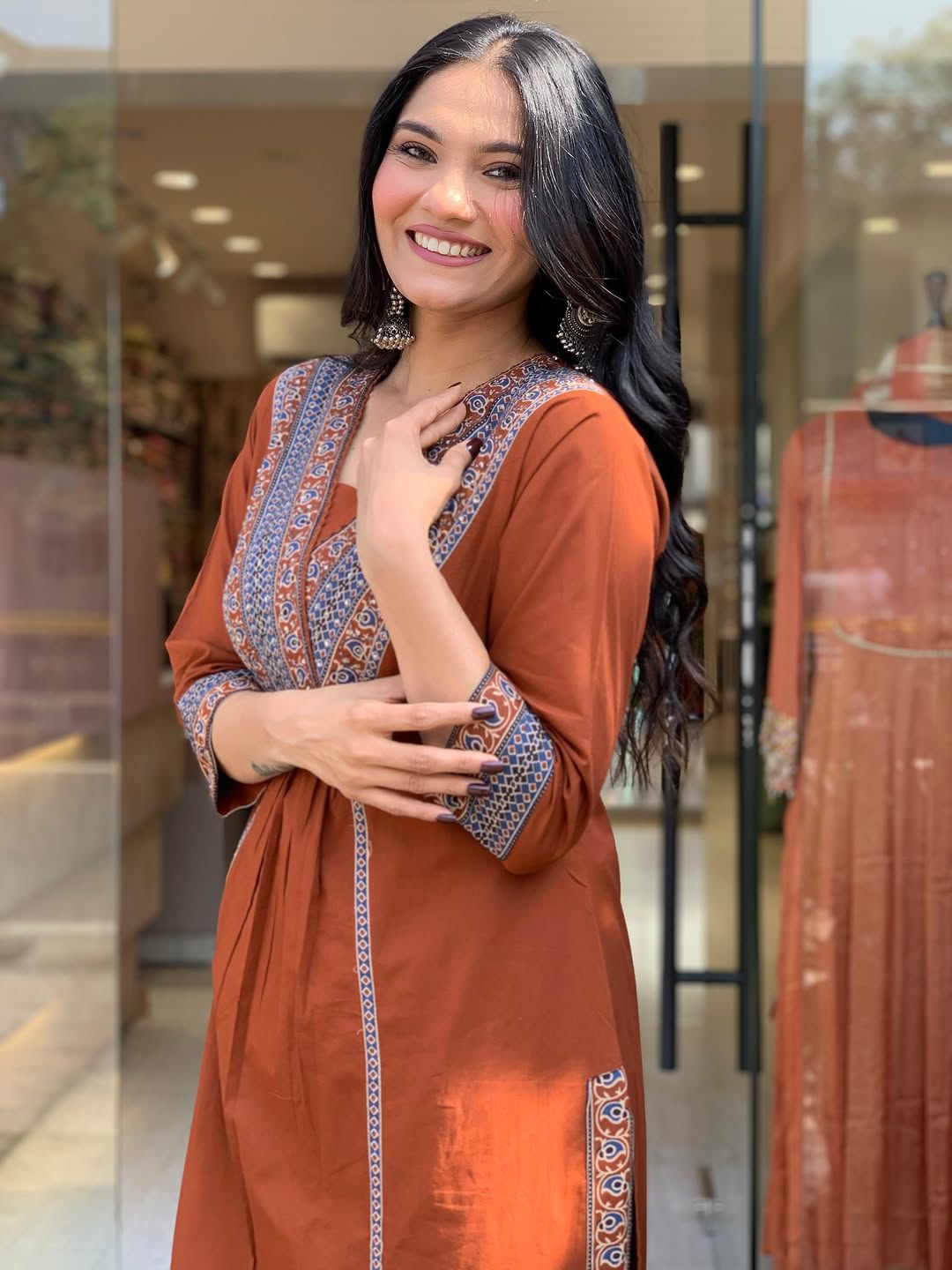 Rust Cotton Kurta Set with Printed Dupatta