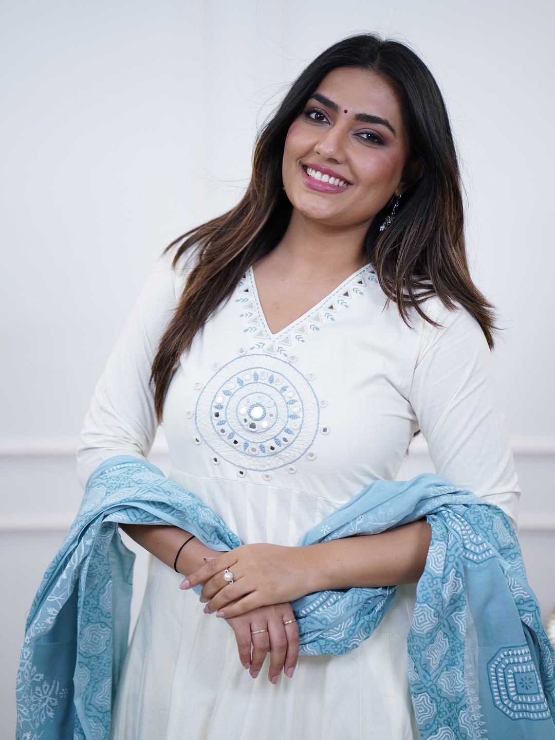 Elegant White Anarkali Set with Sky Blue Dupatta