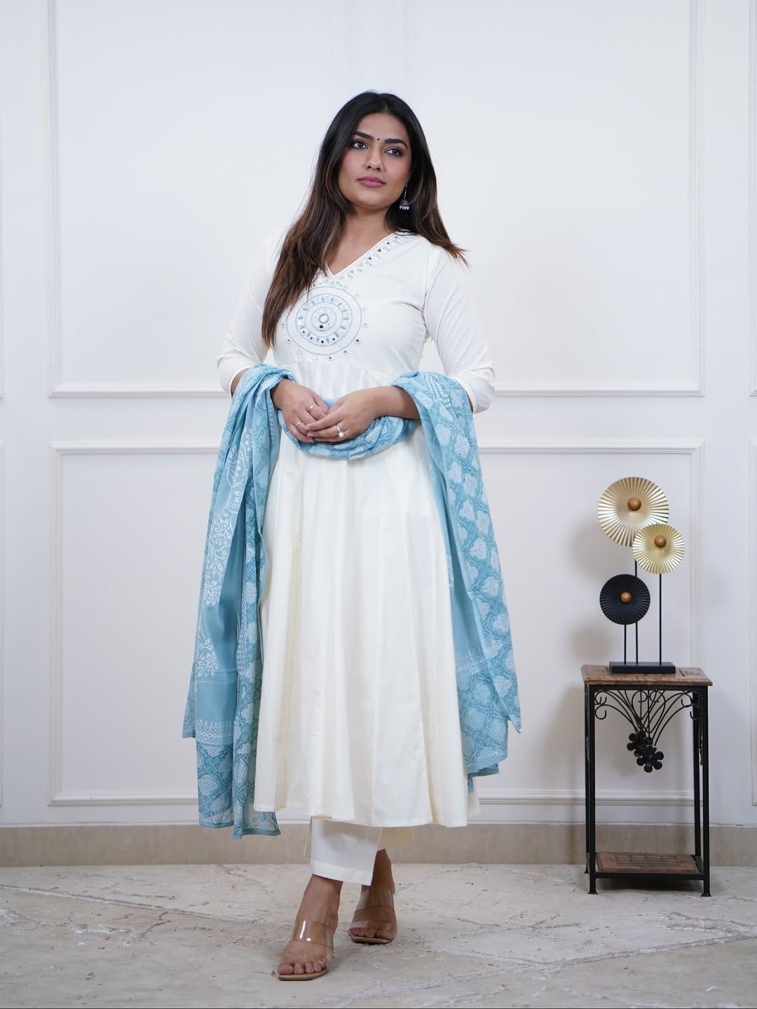 Elegant White Anarkali Set with Sky Blue Dupatta