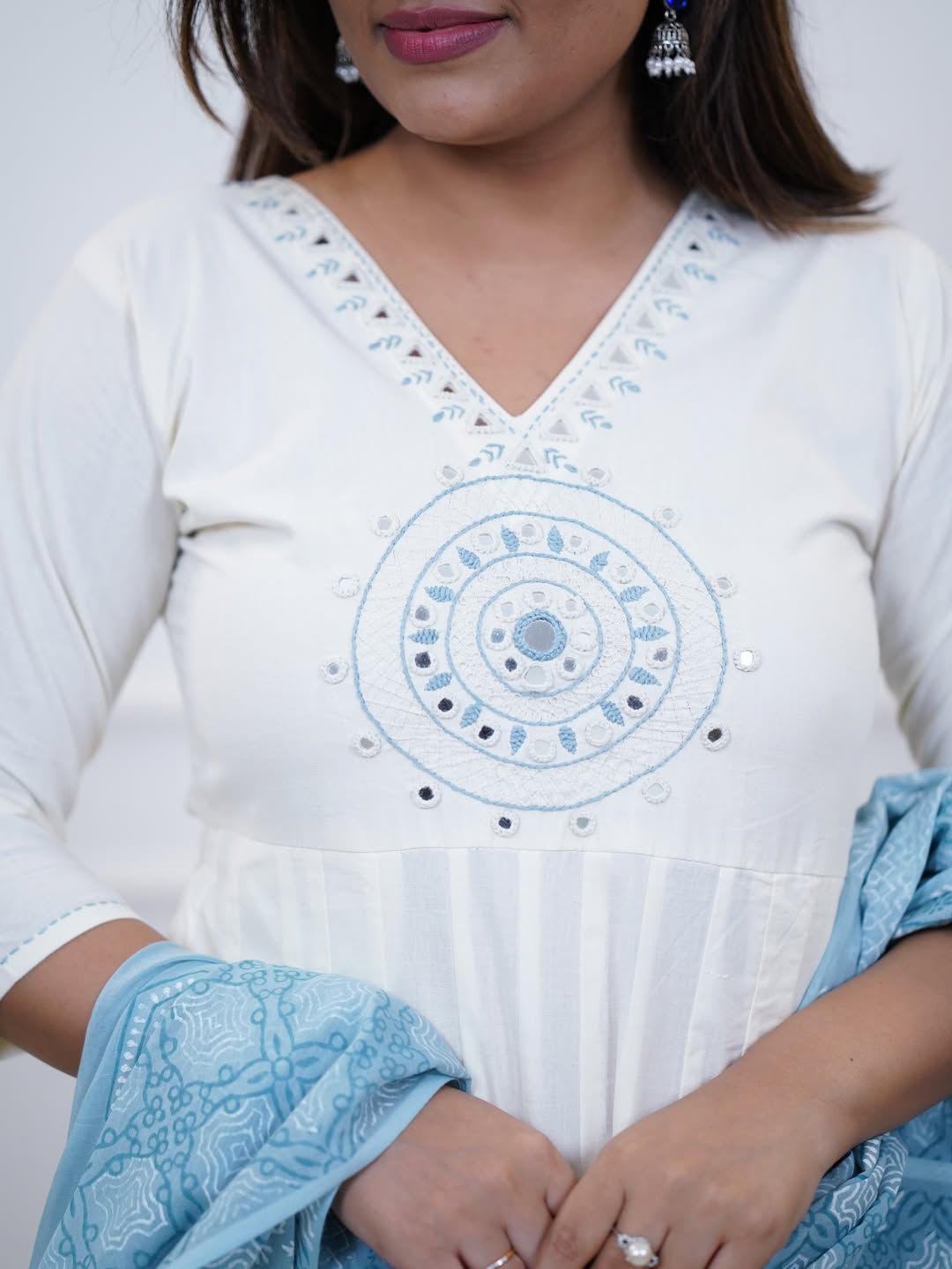 Elegant White Anarkali Set with Sky Blue Dupatta