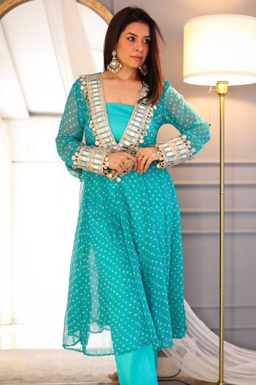 The Festive Sparkle: Georgette Bandhani Kurta Sets with Mirror Work
