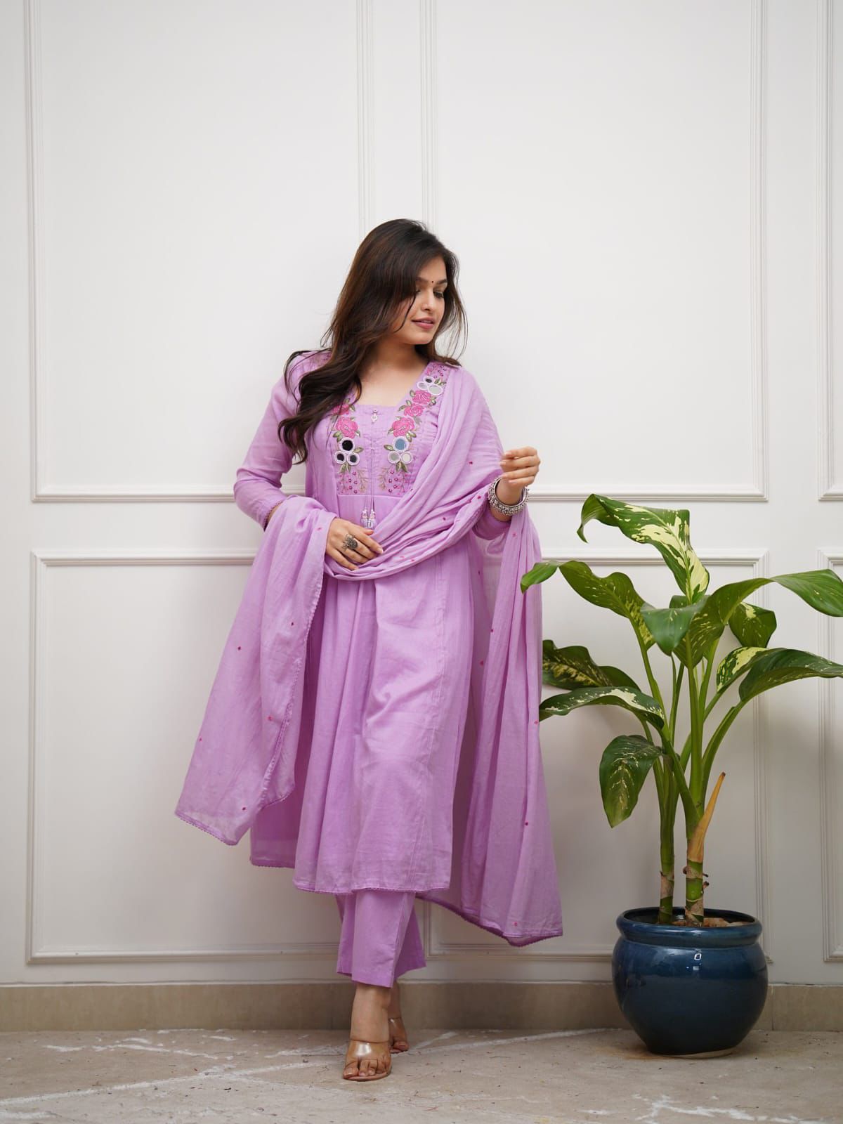 Pastel Charm: Embroidered Cotton Anarkali Suit Sets
