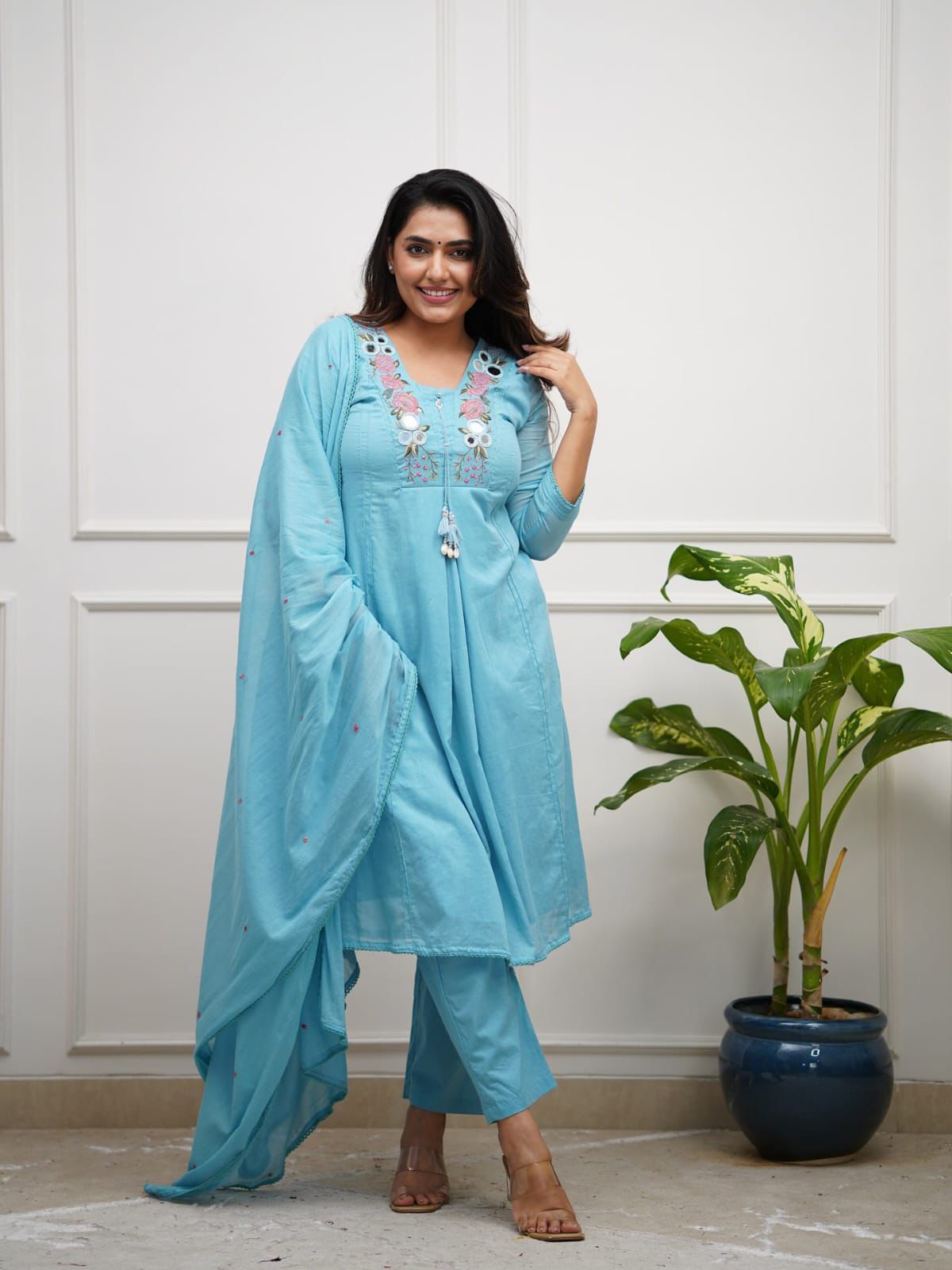 Pastel Charm: Embroidered Cotton Anarkali Suit Sets
