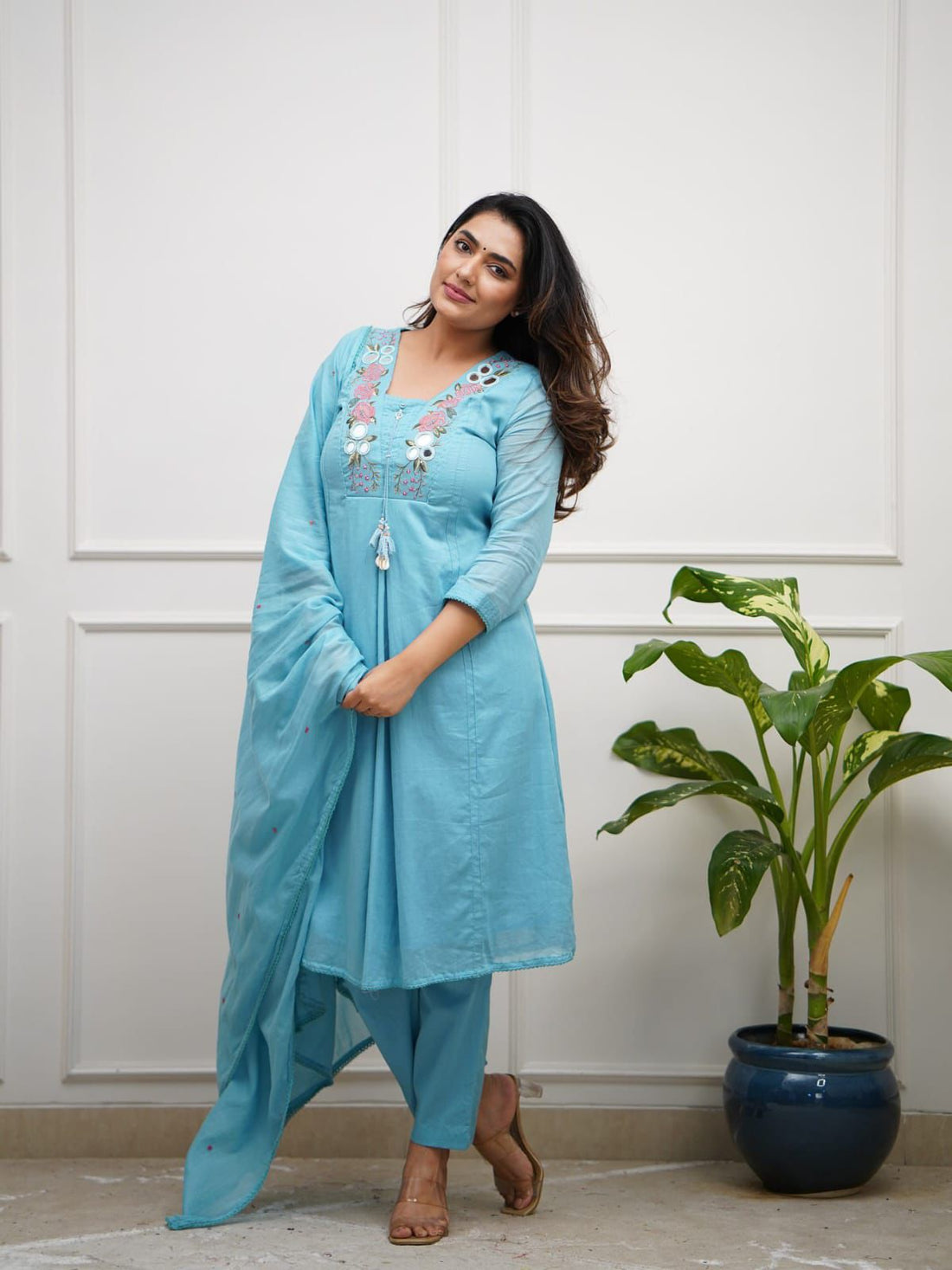 Pastel Charm: Embroidered Cotton Anarkali Suit Sets