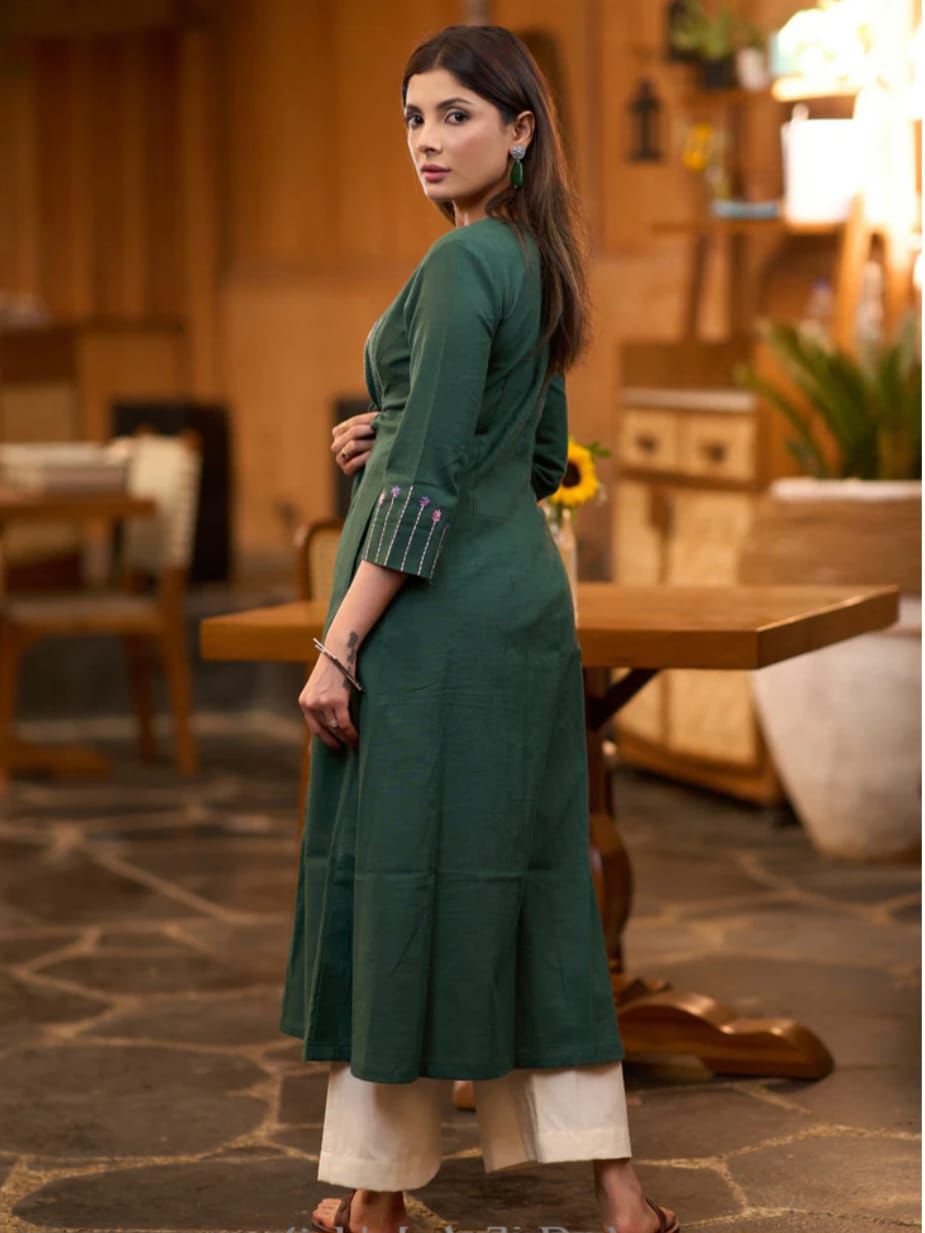 Deep Forest Green Hand-Embroidered Cotton Kurta Set