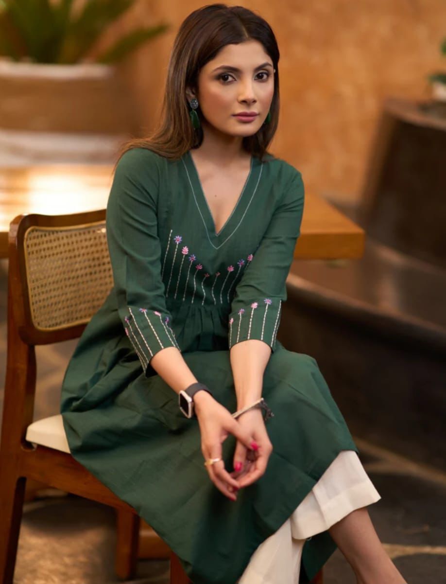 Deep Forest Green Hand-Embroidered Cotton Kurta Set