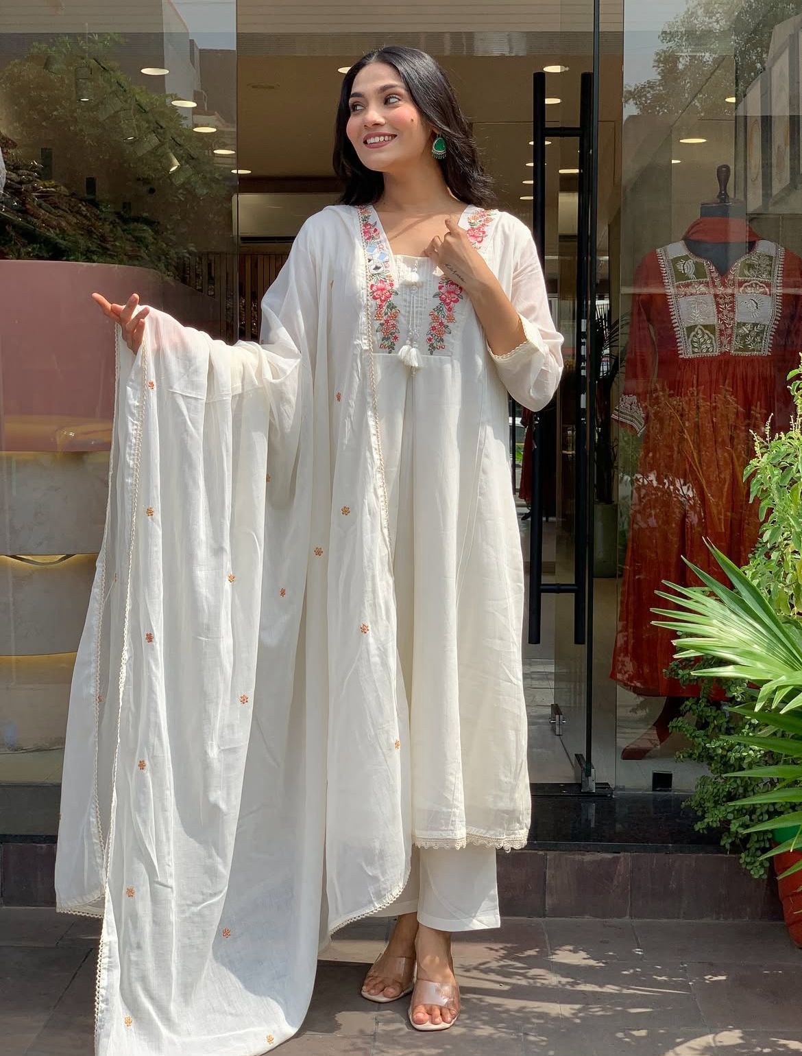 Timeless Ivory Anarkali Set with Floral Threadwork